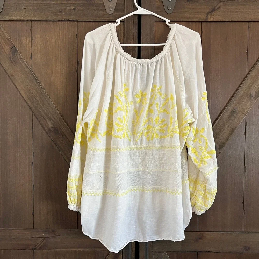 Free People Ivory Yellow Embroidered Peasant Blouse Oversized Cotton Top L